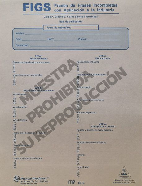 Hoja de calificación Paq. 25 Prueba de frases incompletas con aplicación a la industria - FIGS