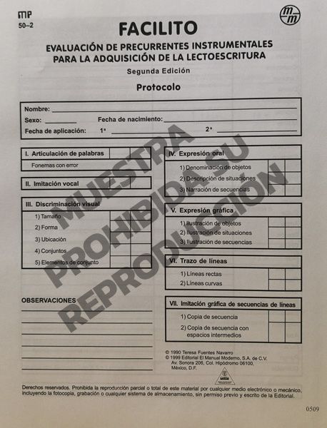 Protocolo Paq. 15 FACILITO- Evaluación de precurrentes instrumentales para la adquisición de la lectoescritura