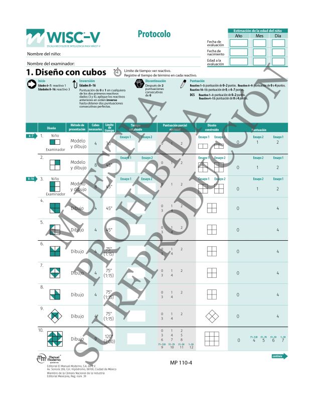 Protocolo Paquete 25: Escala Wechsler de Inteligencia para Niño (WISC®-V)
