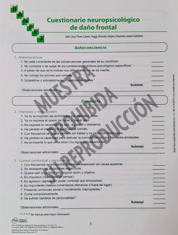  Cuestionario neuropsicológico de daño frontal Paq. 10 - BANFE-3:  Batería Neuropsicológica de Funciones Ejecutivas y Lóbulos Frontales 
